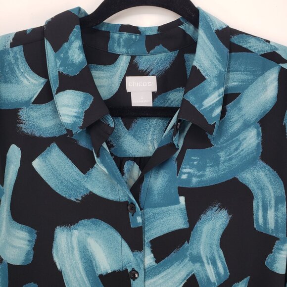 Chico's‎ Abstract Print Button Down Blouse Top 20 Long Sleeve  Blue Black - Picture 6 of 7